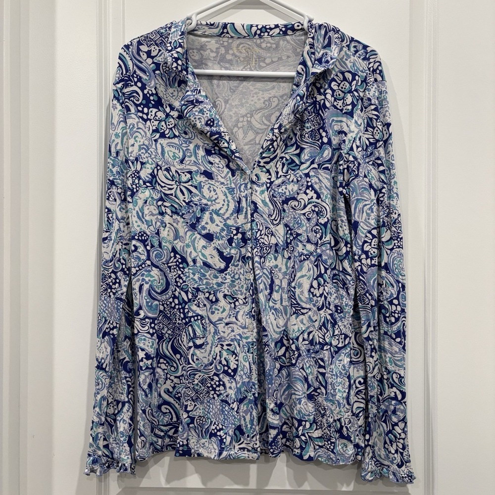 Lilly Pulitzer Womens Pajama Top Shirt 60 Animals Button Up Royal Purple Size M